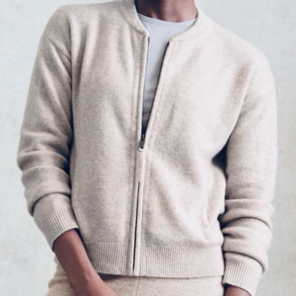 Victoire 100% Cashmere Zip Cardigan Bomber Style Cream/Oatmeal Size 1 (S/XS) EUC